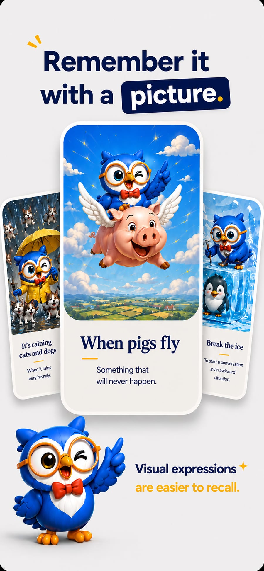 Remember it with a picture: three illustrated expression cards, including “When pigs fly”
