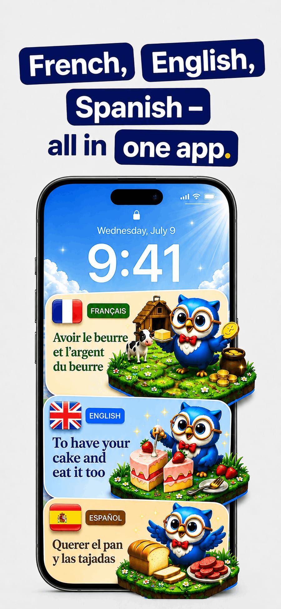 French, English, Spanish: the same idea in all three languages, as widgets