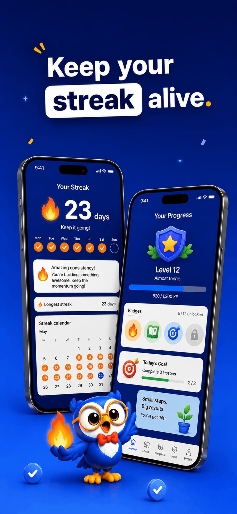 Keep your streak alive: the day counter, the calendar, badges and progress