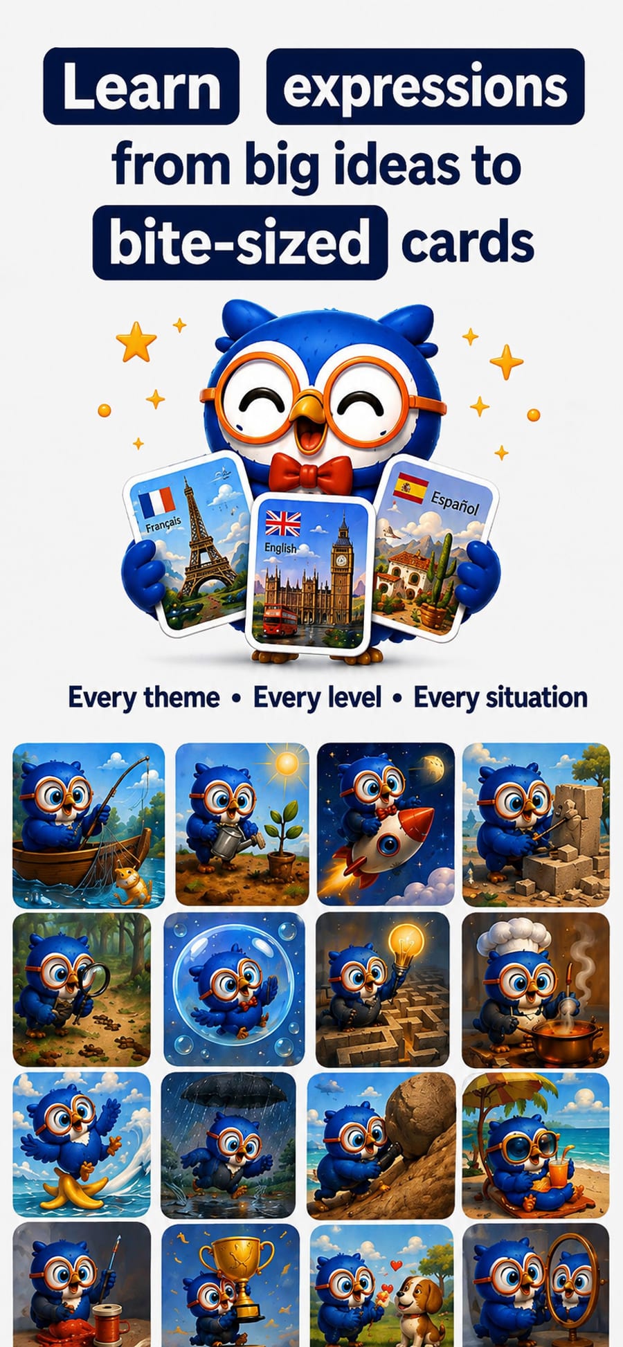 From big ideas to bite-sized cards: a mosaic of illustrations, one per expression