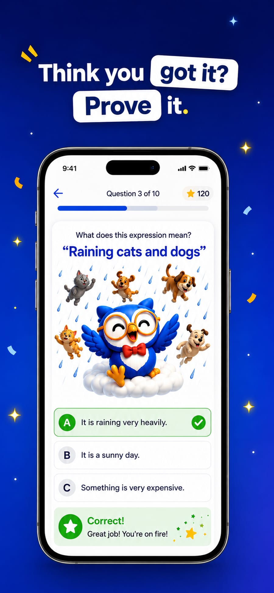 Think you got it? A quiz: what does “Raining cats and dogs” mean?